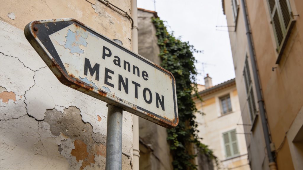 Panneau Menton avec immeubles defraichis en arriere plan