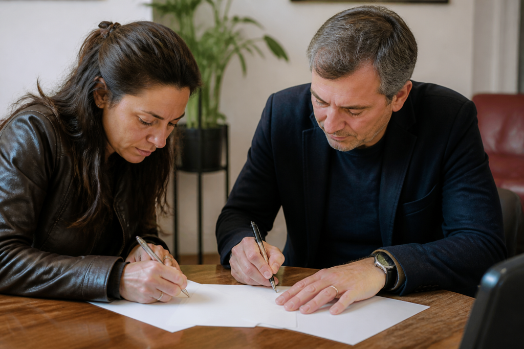 Deux personnes signant ensemble document immobilier à bureau