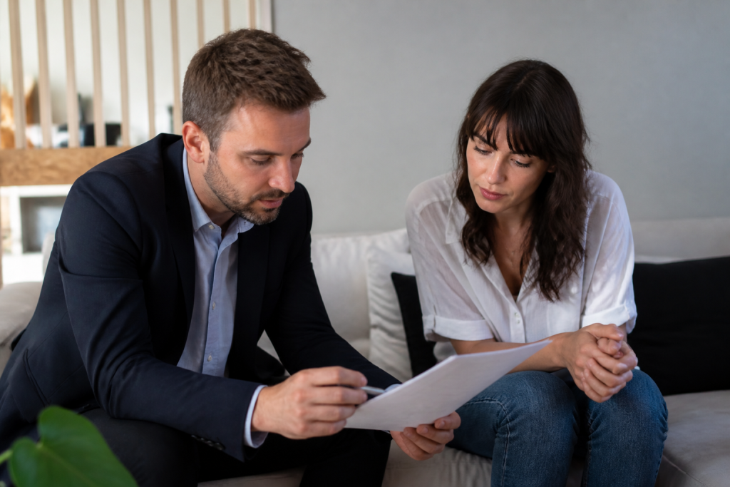 Agent immobilier presentant contrat de mandat a client assis