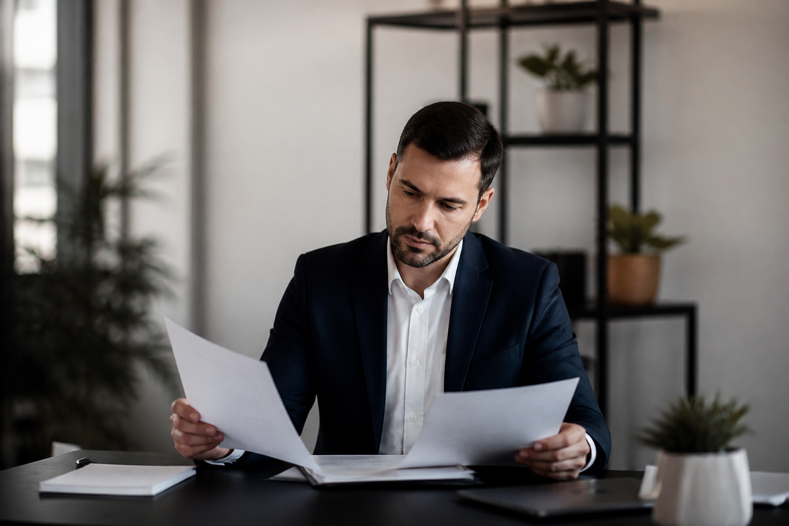 Agent immobilier tenant documents suspendu au-dessus bureau