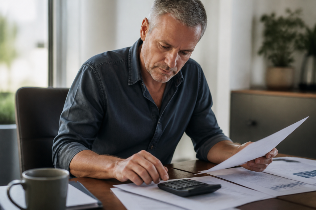 Homme consultant documents financiers avec calculatrice sur bureau