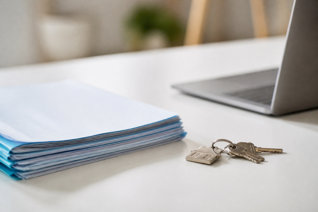 Documents financiers et clés immobilières sur bureau blanc