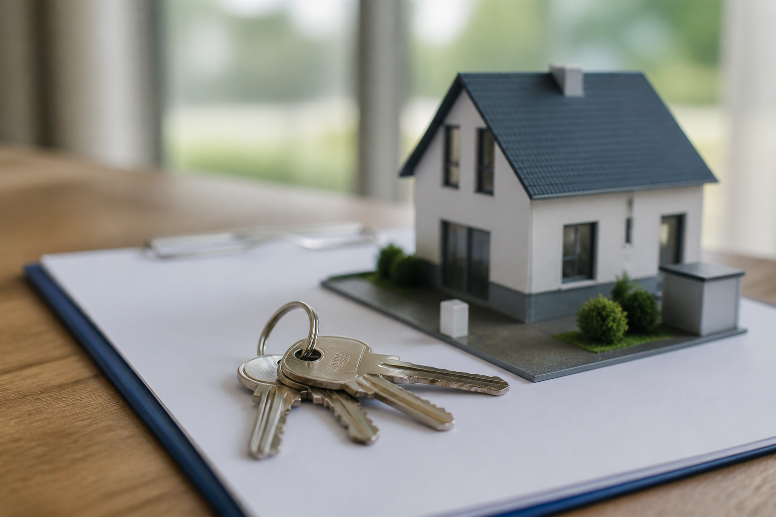 Cles posees sur document contrat immobilier avec maison modele
