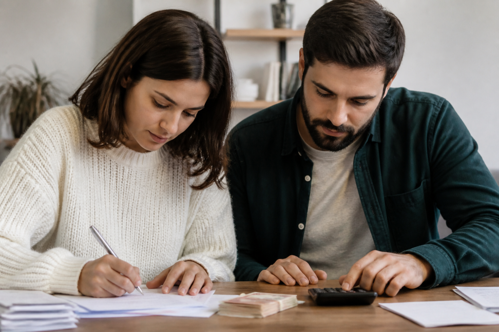 Couple signant documents propriete avec calculator argent