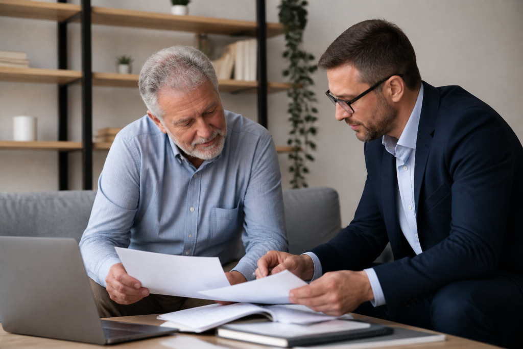 Homme senior comparant documents bancaires avec conseiller professionnel