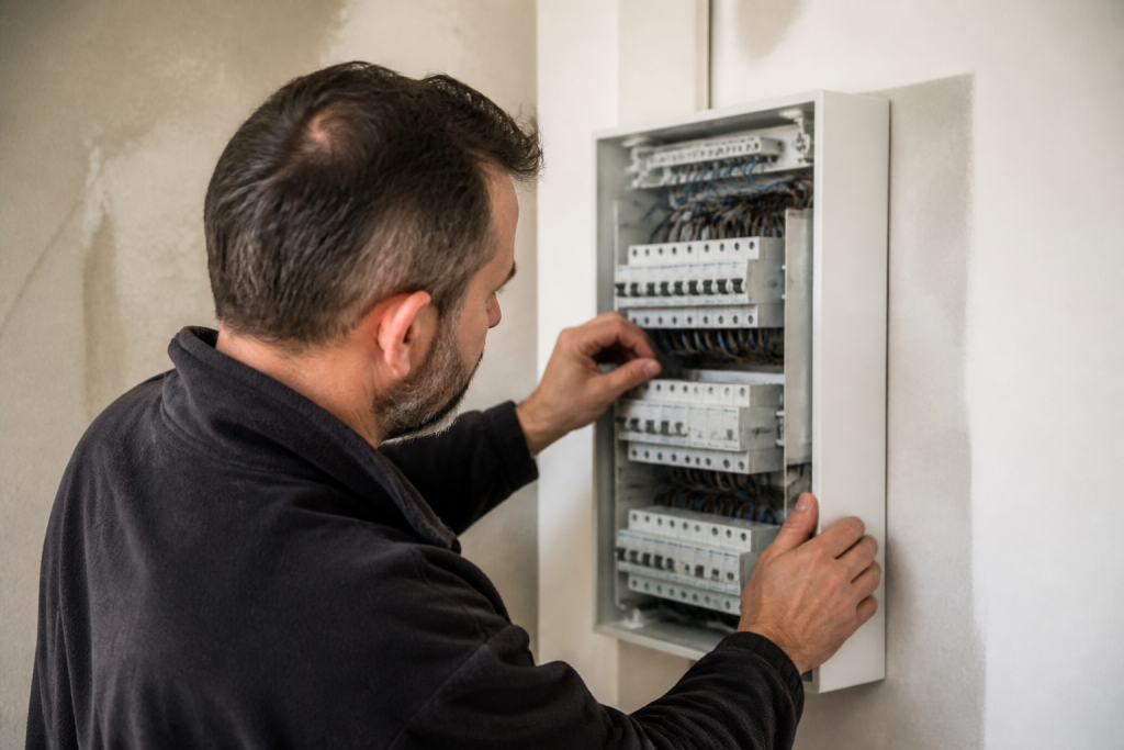 Electricien inspectant tableau électrique avec disjoncteurs protecteurs