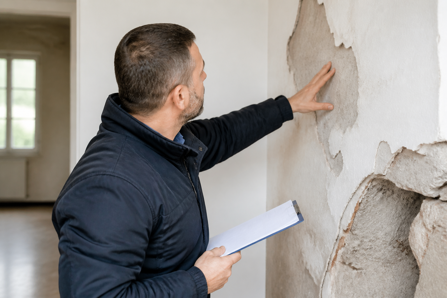 Inspecteur examine murs maison avec document diagnostic en main