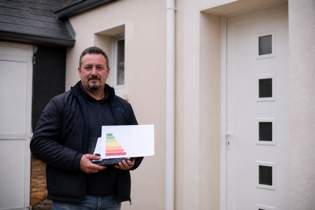 Diagnosticien tenant document énergie devant maison
