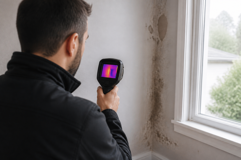 Technicien inspectant murs avec caméra thermique infrarouge