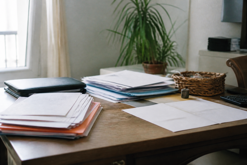 Documents bancaires et factures organisés sur bureau