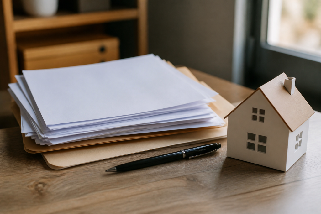Documents fiscaux et maison avec stylo noir sur bureau