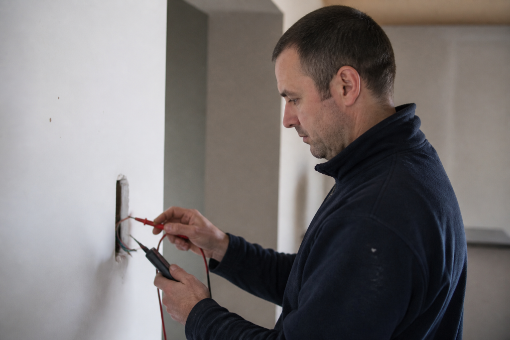 Electricien tenant testeur controle installations murales maison