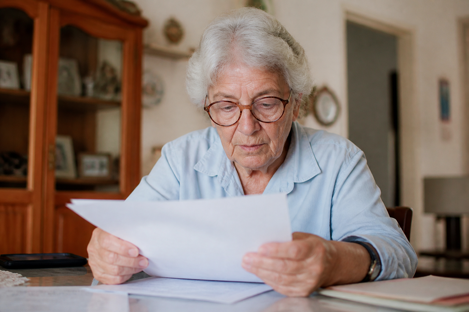 Personne agee assise consultant document fiscal immobilier