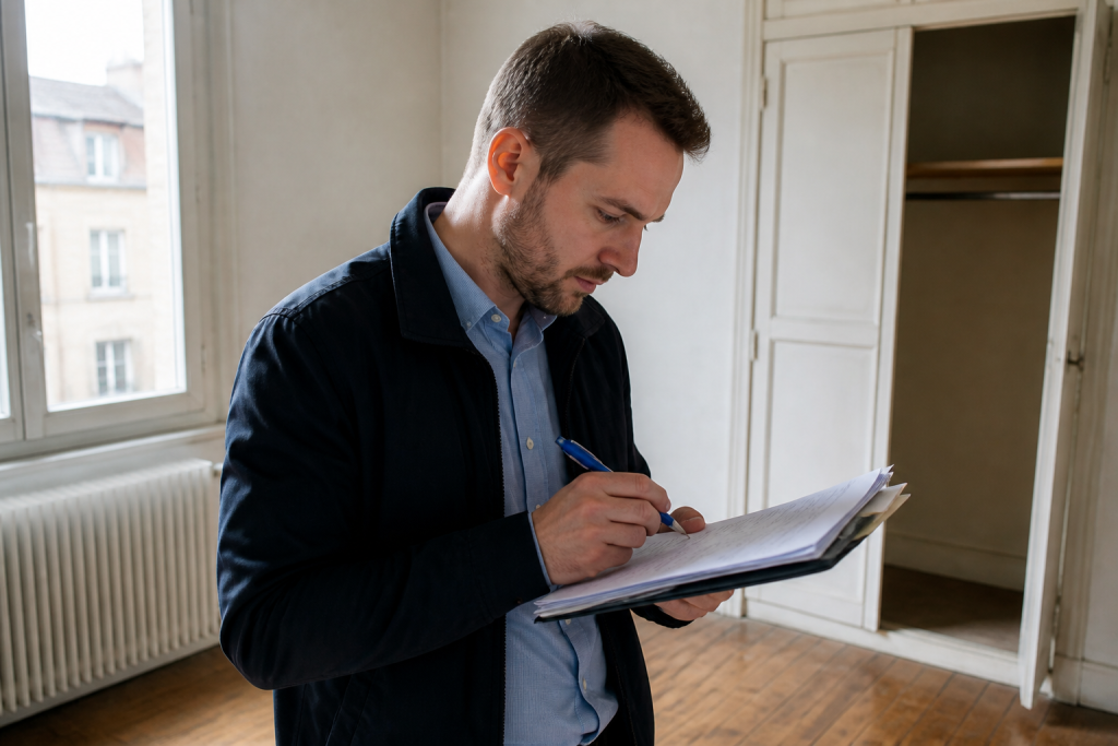 Expert immobilier evaluant bien avec documents et stylo