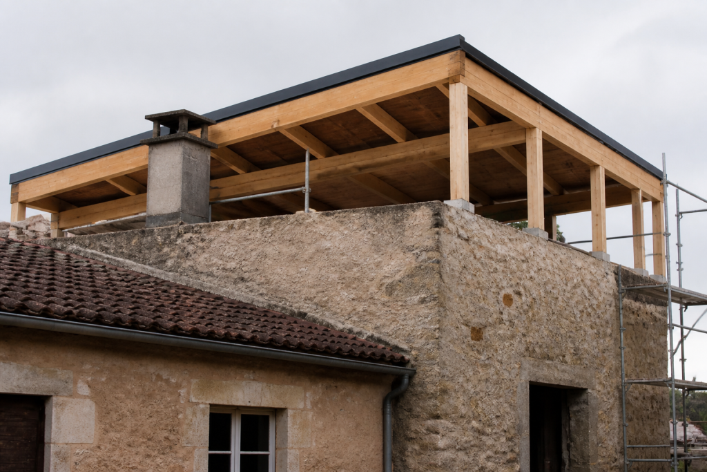 Maison ancienne avec toit plat moderne en construction