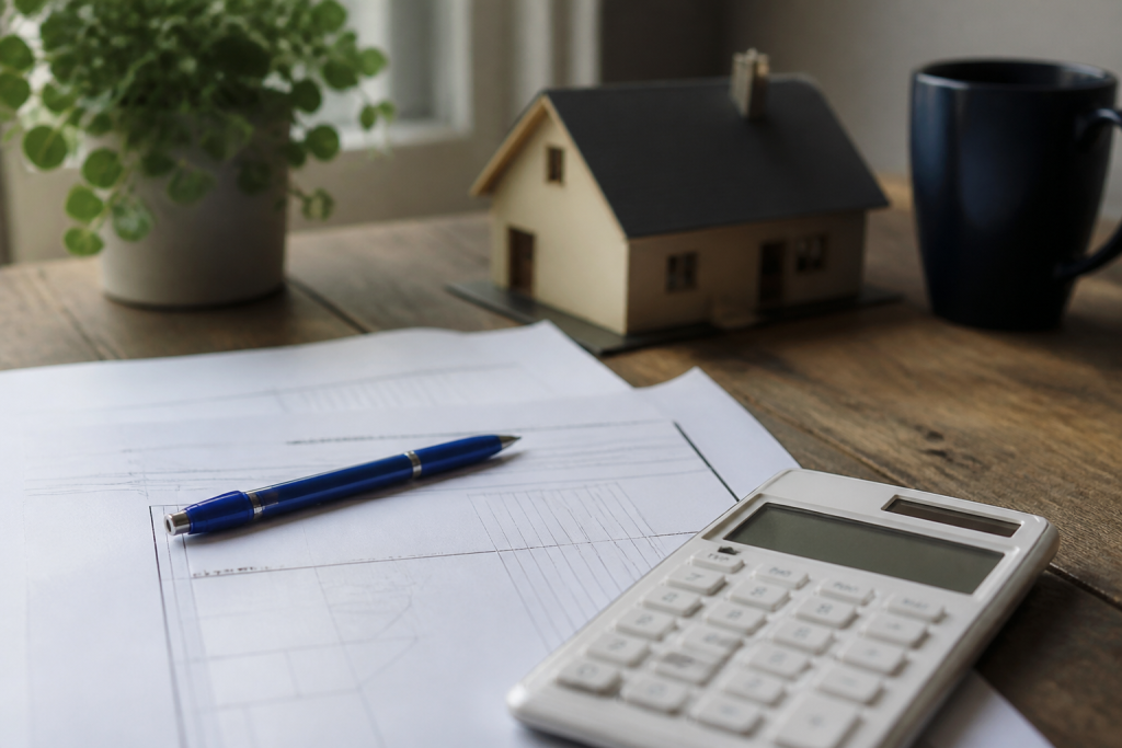 Calculatrice et documents immobiliers avec stylo bleu