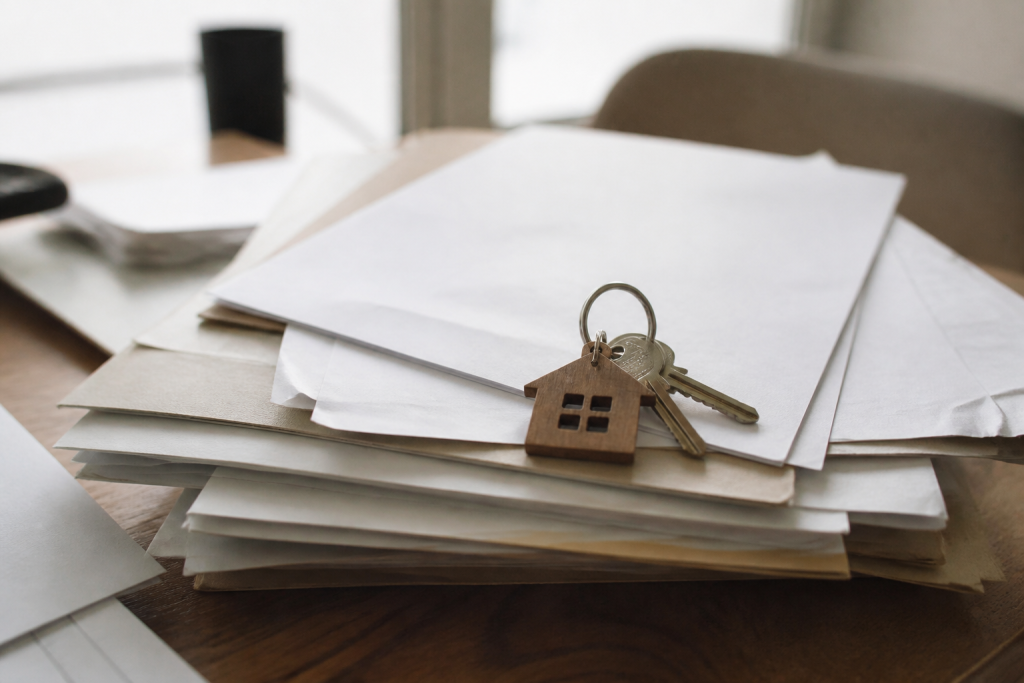 Documents immobiliers etalés sur bureau avec clés maison posees dessus