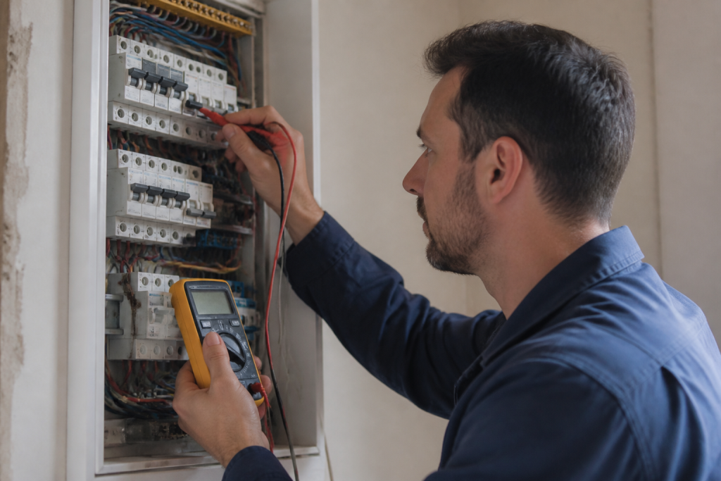 Inspecteur examine tableau électrique avec multimètre en main