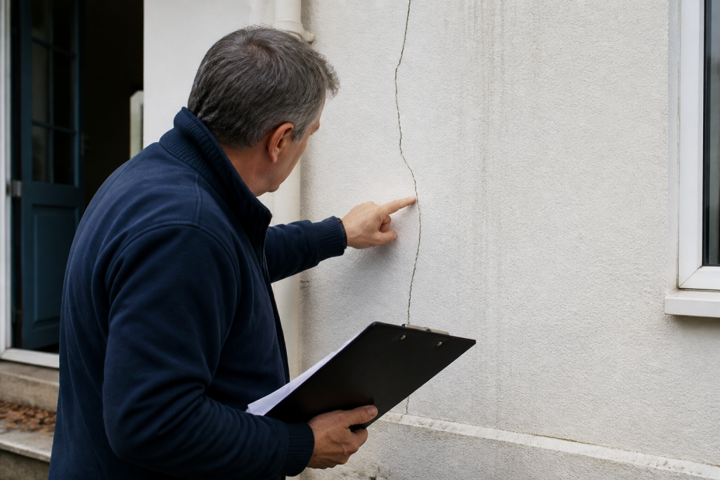 Inspecteur examine murs fissures maison avec presse-papiers