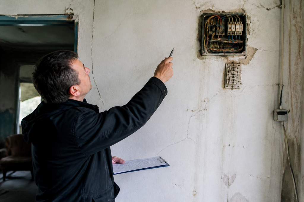 Inspecteur vérifiant murs fissurés et installations électriques