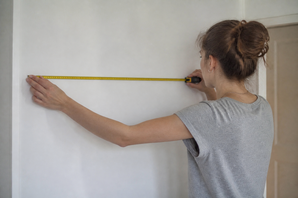 Metre ruban mesurant murs blancs interieur appartement