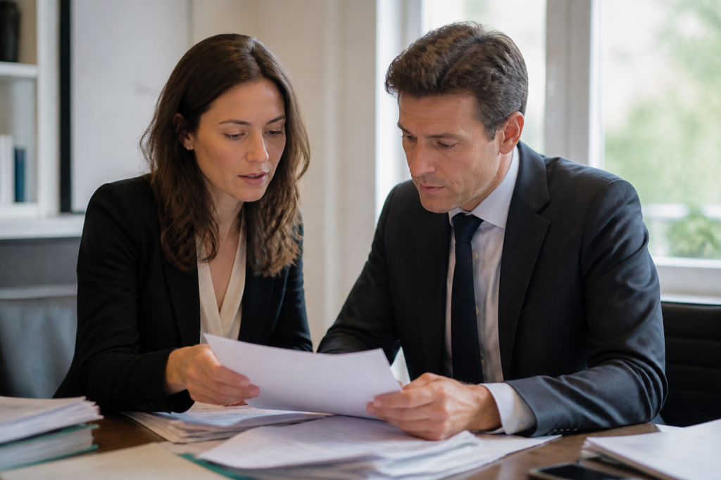 Notaire et avocat verifiant documents immobiliers ensemble