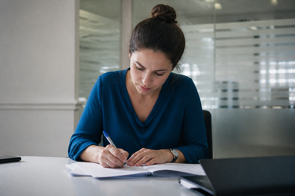 Personne seule signant documents pret immobilier bureau