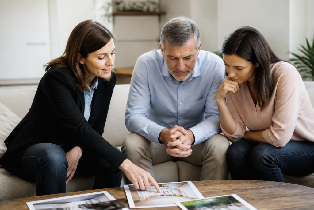 Proprietaire comparant plusieurs offres immobilieres avec agents