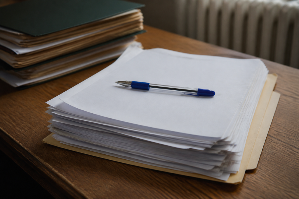 Dossier judiciaire avec documents signés et stylo bleu