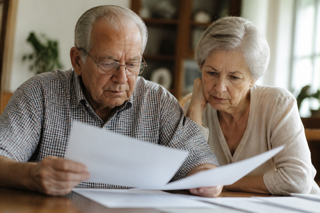 Couple senior assis examinant documents financiers ensemble