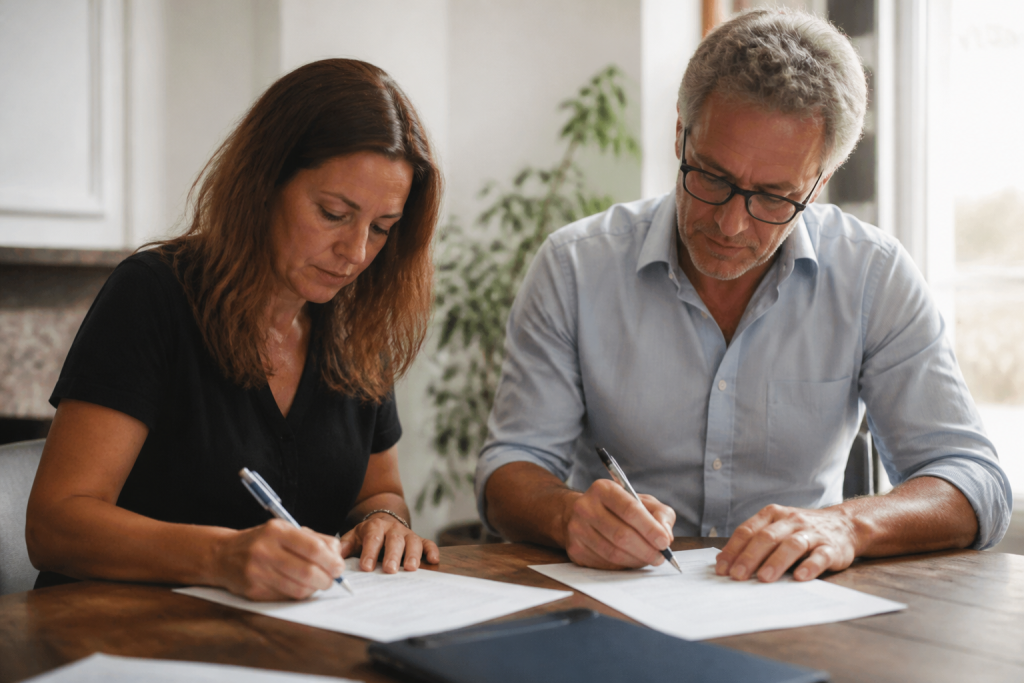 Deux propriétaires signent documents partage bien immobilier