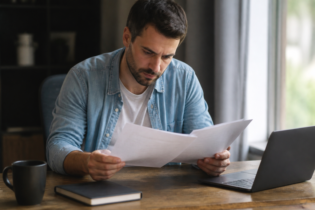 Homme assis a un bureau examinant documents hypothecaires suspendus