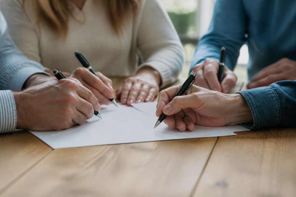 Plusieurs mains signant document propriete immobiliere ensemble