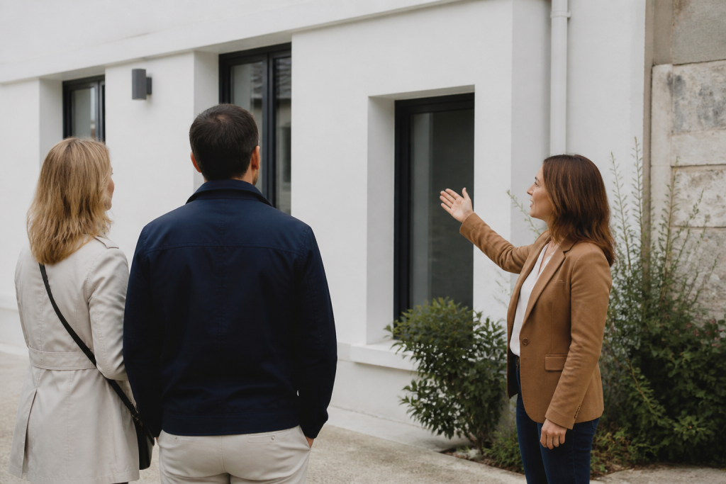 Agent immobilier presentant maison blanche facade rochelle